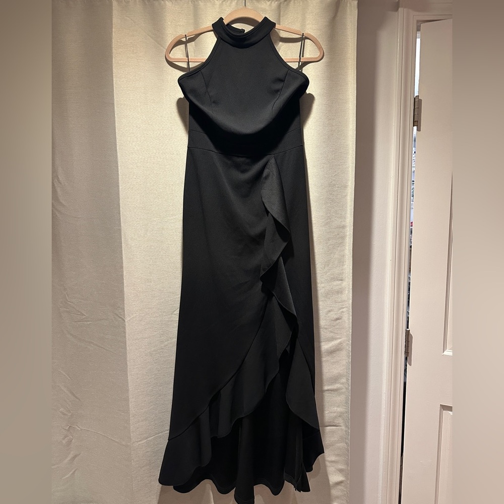 Black halter neck ruffle skirt dress
